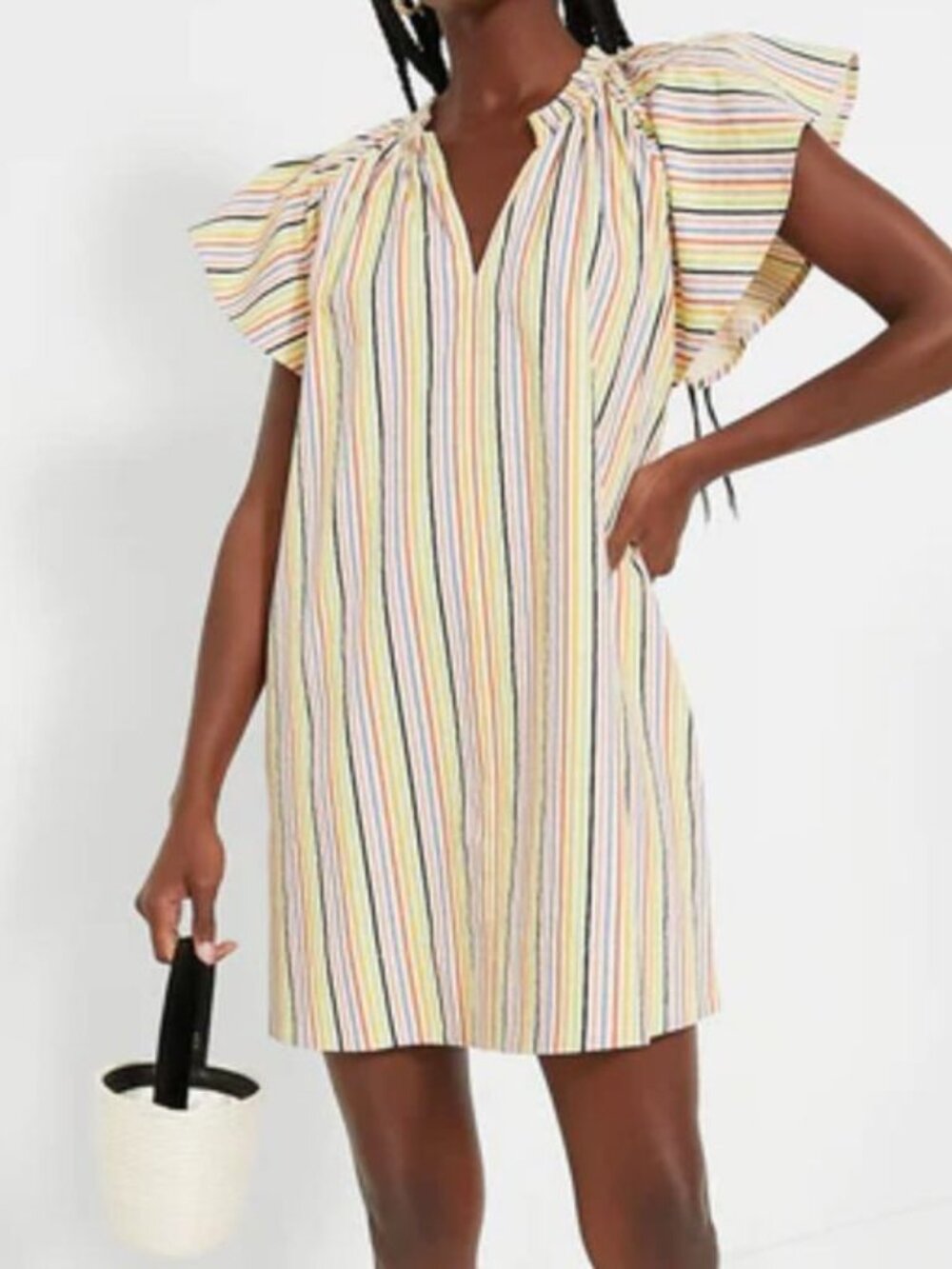 Tuckernuck POMANDER PLACE Rainbow Stripe Vivi mini Dress size large Yellow white